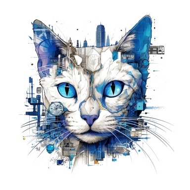 city cat, Blue eyes, collage quirky cool collage, Felis catus clipart, white contour detailed, clean line, hd, on white background, spaced out