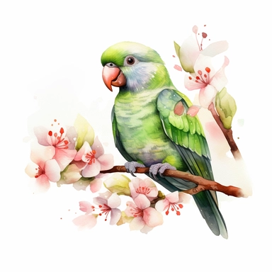 A cute happy parrot sitting proudly on a spring branch, baby, looking off into the camera, with a few spring blossoms and leaves framing the scene, vivid colors, watercolor by Thomas W. Shaller, clipart, solid background, no watermark, 8k, on white background