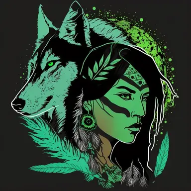 Black background, double exposure, clipart icon of a Native american female filled with a spiritual wolf, lineart, Green and Brown bold stencil drawing, comic book sketch