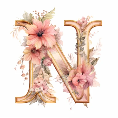 Clipart, Watercolor, Delicate, fine line, Gold Alphabet letter N, with soft pink flowers, pastel colors, hand-draw, texture