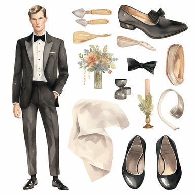 wedding watercolor graphics, subtle neutral pastel tones, sparklecore, embossed paper, Create a dapper wedding clipart showcasing a classic tuxedo, tailored to perfection with sharp lapels, a crisp shirt, and a bowtie, embodying timeless elegance and sophistication for the groom's attire on his special day, candid, multi-layered