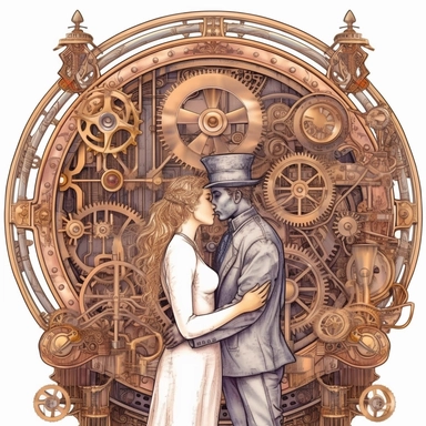 N the presence of a magnificent steampunk steam train, a couple embraces for their first kiss. The intricate clockwork mechanisms, ornate ironwork, and vintage charm create a captivating backdrop for their romantic moment. Ultra high quality, intricate detail, retro - futurism, pastel clipart, white background
