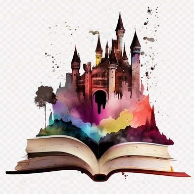 Clipart, Mythical Watercolor Castle Emerging from an Open Book, no background, hd