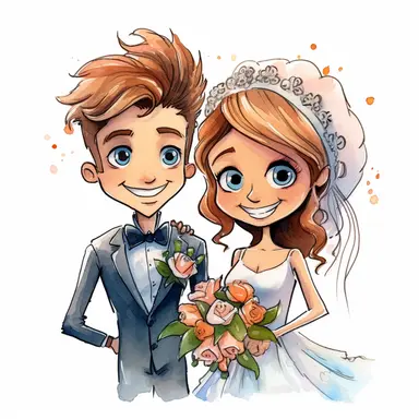 portret of a Cartoon wedding pair, just married, cute family, style by Lusy Fleming, watercolor, clipart elements, smooth gradients, black contour outline, ultra detailed, white background, super clear, high quality