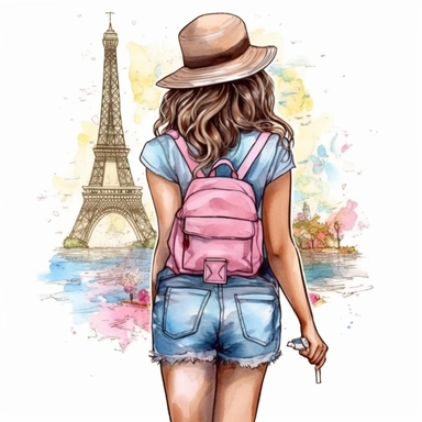 Cute Beautiful Travel Girl Back View Full Body Watercolor Sublimation Clipart,Cartoon,hyper realistic, intricate detail, illustration style,high solution,on the white background, in paris, .jpg
