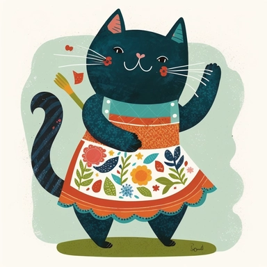 clipart, beautiful smiling,Cat,wear beautiful apron, playful pose, Usborne and Eric Carle,