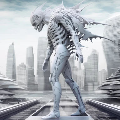 3d futuristic half human, half loin, sharp teeth, in modern city, full body, clipart