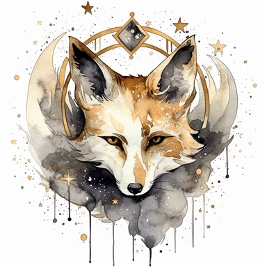 clipart watercolor creepy magical gold fox with crescent moon and stars, black white gold colors, fantasy, detailed, white background, illustration painting, collaged constructions, digital art, in the style of sculptural and geometric, forced perspective drawings, Geometric brushstrokes form an intriguingly abstract, painterly figure