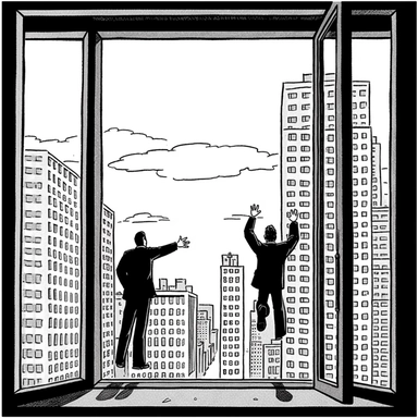 Silent comic strip of 2 business people about to jump out of an office window,, new yorker cartoon, cynical realism, clipart, minimalist, simple, featured on tumblr, black and white