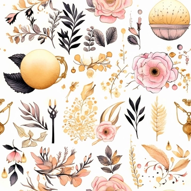 Draw a watercolor-style clip art images that feature objects related to an aesthetic adorned with floral designs. The images should have aesthetic, and should incorporate elements such as watercolor [gold] whimsical and cute illustration Cute Chibi black unicorn Watercolor Clipart, details with black ornaments on the body, in a Scandinavian folk art style with botanical and swirl motifs. light pink gold colors Traditional with a modern twist watercoloritem collection, isolated on a white backgro