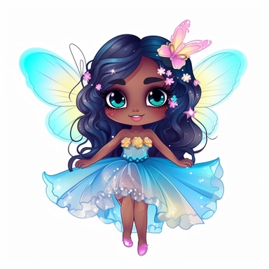 kawaii cute, fairy princess ballerina, extra long hair, tiny chibi body, darker skin tone, blue eyes, extravagant rainbow dress, butterfly wings, tiara, clipart, sticker, retrowave style, no background, hd
