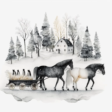 dark academia, horses, snow, fairytale, Christmas, swedish folk art, watercolor, white background, clipart