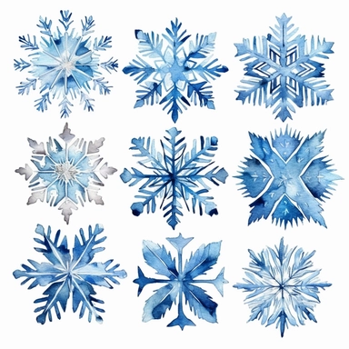 different blue snowflakes watercolour clipart, white background