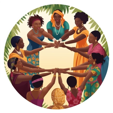Community and Unity: Illustrate a clip art that portrays a group of Afro-Caribbean women joining hands or forming a circle, representing unity, sisterhood, and support within the community.