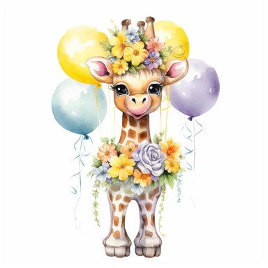 baby giraffe nursery full body watercolor style clipart, happy, with floral crown on head, Disney style, holding balloons