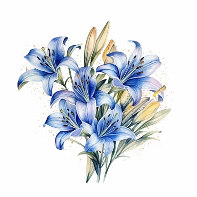 a bouquet of bright stargazer lilies with blue tiny flowers , color pencil sketch on a white background for clipart