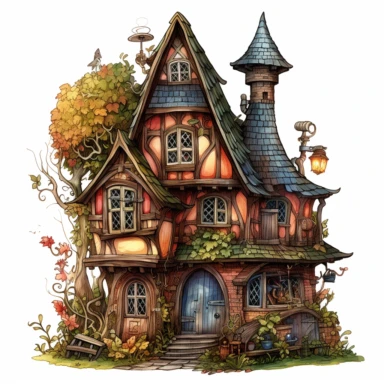 clipart, witch house, in style of colin thompson, on white background