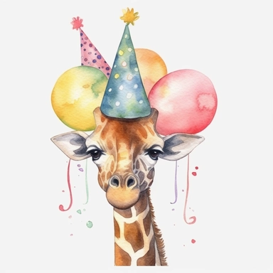 watercolor,animals,birthday, birthday hat,ballon,clipart,single design,giraffe