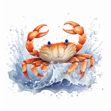 Watercolor hand-drawn crab illustration - jumping up from the foamy ocean wave, playful, happy mammal. Character, logo, children wallpaper, doodle, cartoon. Marine clip art. Ocean, sea inhabitant. White Background