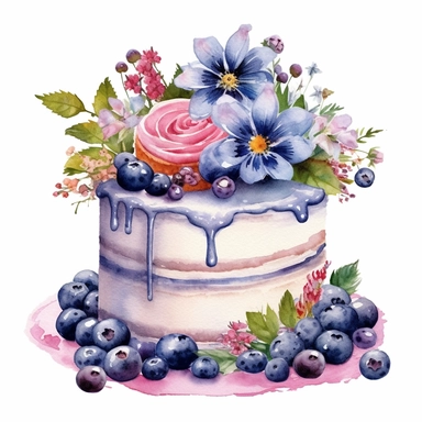 clipart, isolated on white background, Watercolor cake with flowers and berries, blue colored, ornated, vivid and vibrant and saturated colors