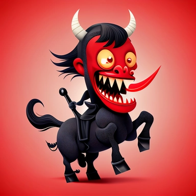 cartoon, clipart, cute red devil riding a black horse, showing tongue and smiling