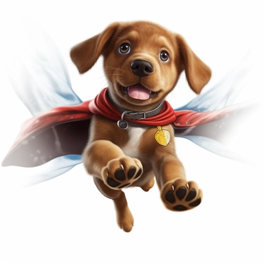 Envision a playful clipart puppy with a superhero cape, leaping through the air with a determined expression, ready to save the day with its canine powers against a white background.