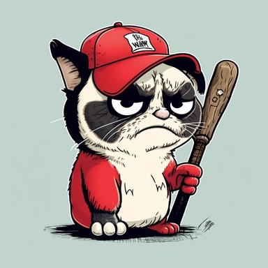 grumpy cat wear red baseball hat, hold baseball bat, clipart, vector, cartoon