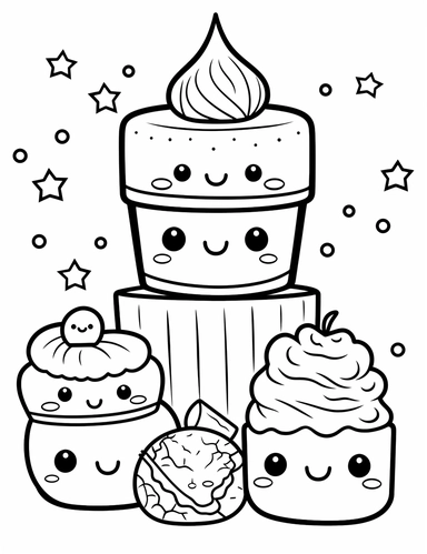 Kawaii s'mores with smiling faces, featuring toasted marshmallows, chocolate, and graham crackers For Simple Coloring page,line art, thick lines, black and white,clipart, illustration, on white background,margin Page 10px