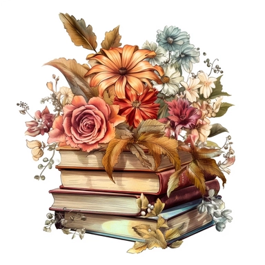 Flower Old Books, Books are piled together, Clipart, extremely detailed, sharp contrast, high definition, white background, golden colors, illustration
