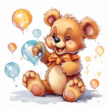 illustrated teddy bear blowing bubbles, clipart variation on a white background