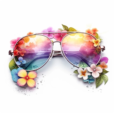 create a clipart featuring a pair of floral aviator mirrored sunglasses, a straight view, a mix of vibrant and pastel colors, rainbow colors, watercolor, against a white background, detailed