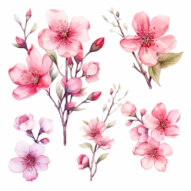 Enchanting watercolor clipart set featuring pink flower blossoms, each captured from a different angle, framed with intricate and flowing lines, creating a composition that exudes elegance, grace, and a sense of timelessness, clipart on a white backdrop.