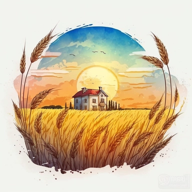 A clipart, A field of wheat crops with a country sunset in the background and a farmhouse, only one clipart, white background, vibrant colors, cartoon,style ghibli, hand drawn, watercolor