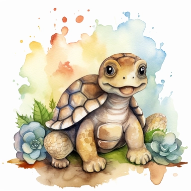 A charming watercolor turtel clipart bundle, showcasing an adorable turtel engrossed in playful activities. Against a clean white background, the watercolor painting depicts the cub's unbridled enjoyment and sense of fun. This cute baby animal clipart bundle infuses designs with a lively and joyful atmosphere, creating a delightful and engaging visual experience. /artistic_style:Watercolor painting /background:white /subject:playful tiger cub /emotion:enjoyment, fun /atmosphere:playful and cheer