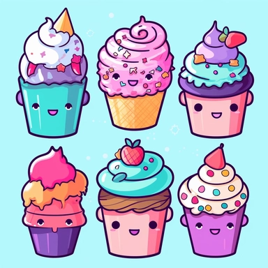 Cheerful cupcake clipart in the style of hikari shimoda, showcasing delicious cupcakes with colorful icing and fun decorations, perfect for birthday parties and celebrations