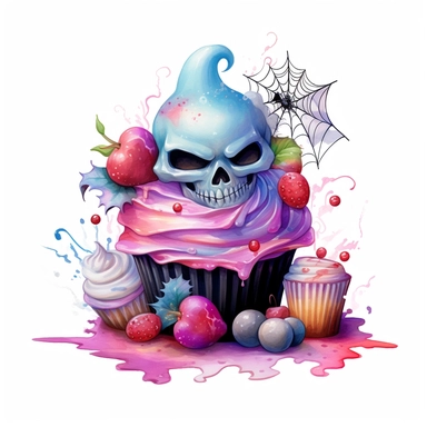 delicious Halloween cupcake with vibrant pink and blue, colours, witches hats, skulls, spiders and bats, pumpkins and candy confetti, owatercolour illustration clipart, extremely detailed, 4k, high quality, isolated on white background