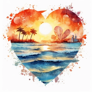 Retro Heart Beach Sunset Watercolor Clipart, Watercolor Beach Sunset in a Heart Shape Clipart, Beach Clipart, sand, starfish, Watercolor Clipart, highly detailed, plain white background 8k