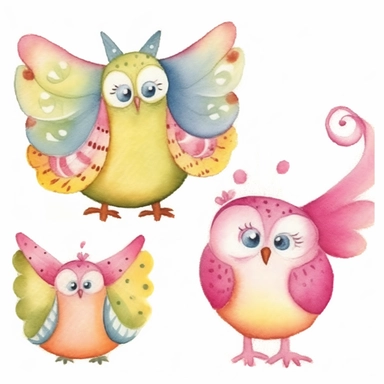 4 cute whimsical owls, simplified, doodled by a child, folk art, watercolor texture, soft brush strokes, clipart on white background, high resolution, free margins