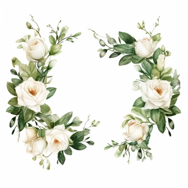 Adorable watercolor retro garland of different sises of white roses for wedding invitation, watercolor clipart, high quality clipart, no background, high details