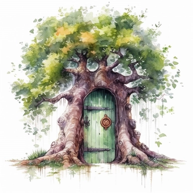 watercolor magical tree door clipart, isolated on white background