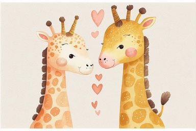 giraffe couple love valentine, Kawaii style, watercolor clipart, flat colors, ultrahigh details, high quality, almost vector style, white background, 8k,