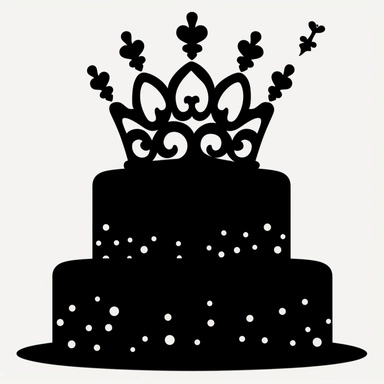 birthday cake with princess crown on, it decal simple cutout clipart, black silhouette,