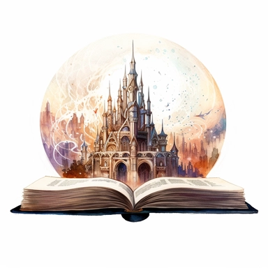 Solid white background, minimalist detailed watercolor open ancient magic book that has an image of an elvish city with stunning architecture , clipart. The visable pages of the book have sketched magic circles on them visibly
