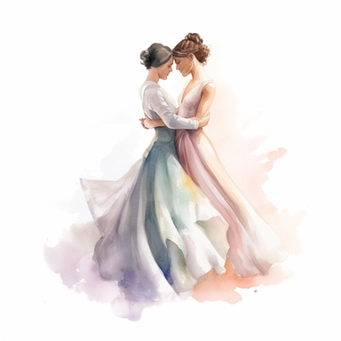 First Dance Clipart: This watercolor piece illustrates a lesbian couple's first dance, capturing their joy and love in soft pastel hues.
