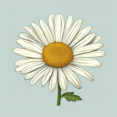 Envision a hand-drawn, detailed clipart of a daisy flower. The daisy is vibrant and fresh, with its central disk a cheerful yellow and the surrounding delicate petals rendered in a crisp white. The petals fan out symmetrically, creating a harmonious and balanced design. The slender green stem holds one or two softly serrated leaves, adding a touch of green to the scene. Despite the simplicity of a daisy, every detail is captured beautifully in this design, from the subtle textures of the petals 