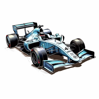 Clipart of the formula one car from George Russell with minimal details, aquarel colored cartoon style with thick borders. Only the car. White background, no floor, no shadow