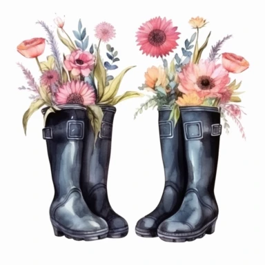 watercolor, Flowers in rubber wellies set. Floral branches, plants with gentle blooms, and leaves in gum boots. Gumboots with delicate summer bouquets png Full body realistic cartoon in 32K UHD cute. 15 cm thick outline. Black color. There was no shadow on the ground. 8k with realistic watercolors and detailed illustrations. PNG clipart, transparent white background