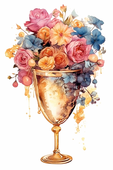 watercolor inthe style of Ambrosius Bosschaert, clipart, art nouveau cocktail goblet overflowing with flowers, hd, wedding, pink bubbly champagne, isolated on white background, gold sparkly embellishment, vivid vibrant color