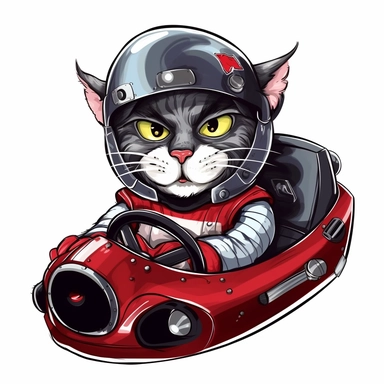and clipart image of a mean looking tanish grey cat with black spots and white stomach cat sitting in the driver seat of a drift car with an automotive racing helmet on and a red racing suit