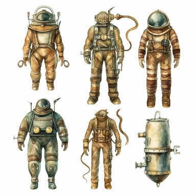 watercolor antique diving suit, illustrations clipart set, simple, , cartoon elements ,different variants , brass elements, , separate elements with a margin, ,4k, high resolution